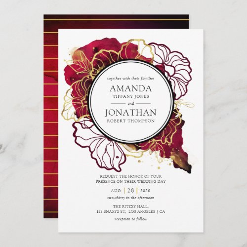 Modern Burgundy and Gold Abstract Floral Wedding Invitation