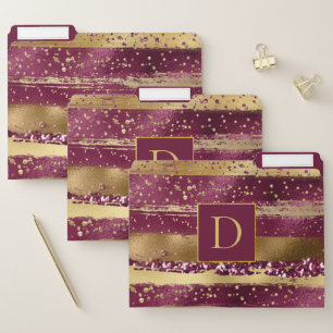 Modern burgundy and gold brush strokes, monogram file folder