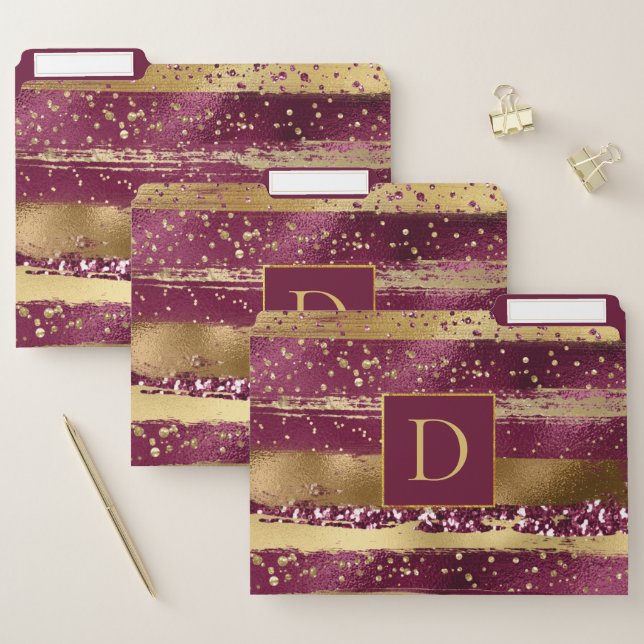 Modern burgundy and gold brush strokes, monogram file folder (Set)