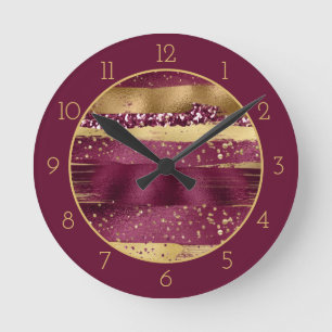 Modern burgundy and gold brush strokes with border round clock