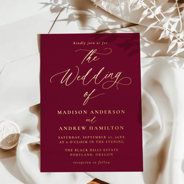 Modern Burgundy and Gold Calligraphy Wedding Foil Invitation (Creator Uploaded)