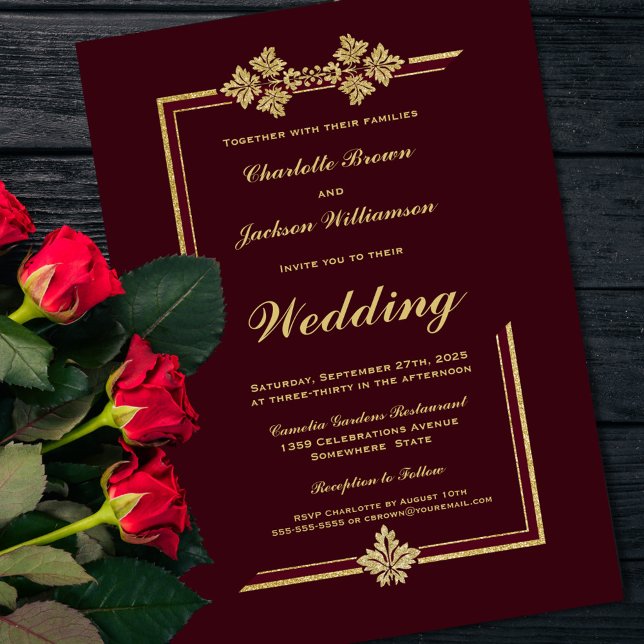 Modern Burgundy and Gold Glitter Wedding Invitation (Creator Uploaded)