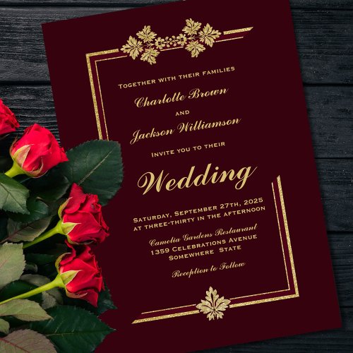 Modern Burgundy and Gold Glitter Wedding Invitation