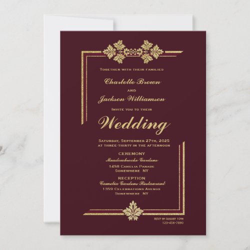 Modern Burgundy and Gold Glitter Wedding Invitation