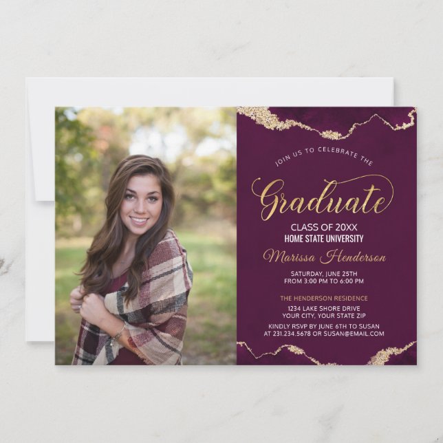 Modern Burgundy and Gold Graduation Photo Invite (Front)