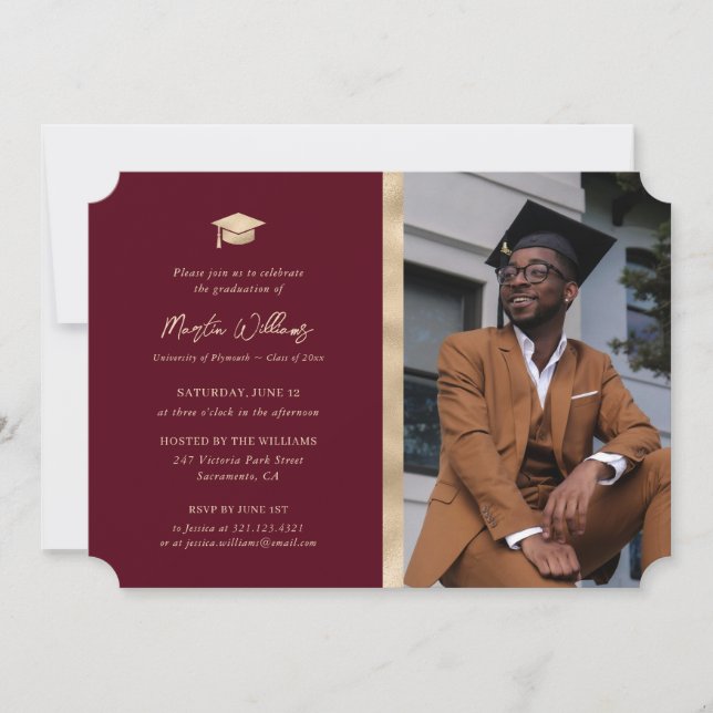 Modern Burgundy and Gold Photo Graduation Party Invitation (Front)