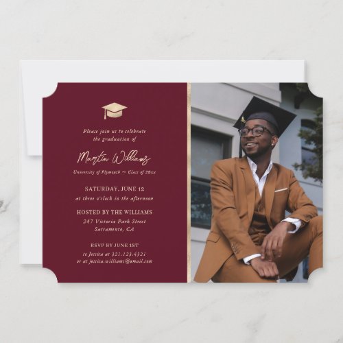 Modern Burgundy and Gold Photo Graduation Party Invitation