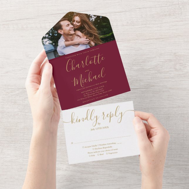 Modern Burgundy and Gold Script Photo Wedding All All In One Invitation (Tearaway)