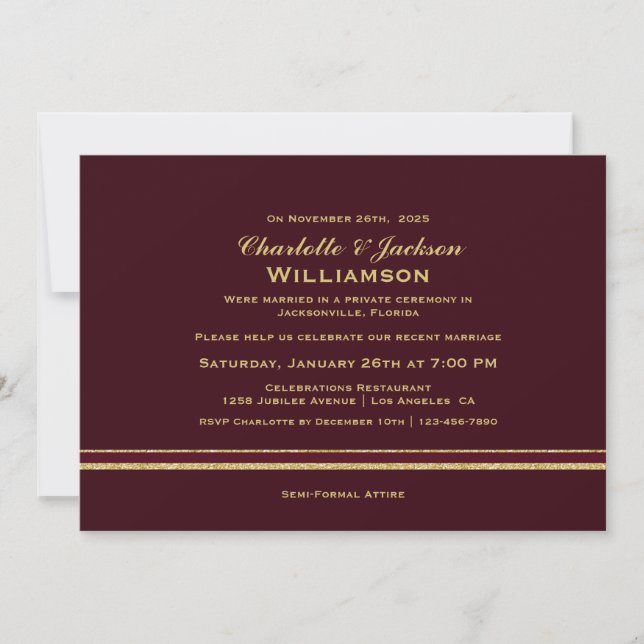 Modern Burgundy and Gold Simple Wedding Reception Invitation (Front)