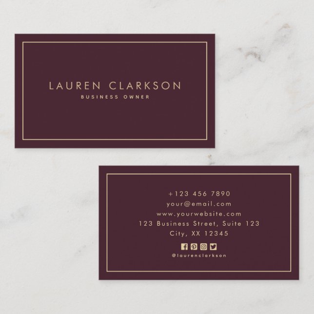 Modern Burgundy and Gold Social Media Icon Simple  Business Card (Front/Back)
