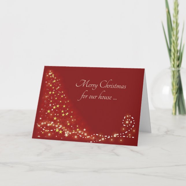 Modern Burgundy and Gold, Stylized Tree and Stars Holiday Card (Front)