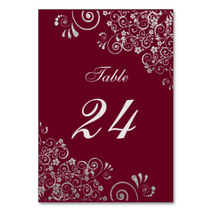 Modern Burgundy and Gray  Floral Swirl Table Number
