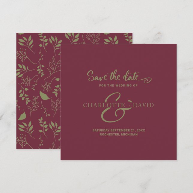 Modern Burgundy and Green Wedding Save The Date (Front/Back)
