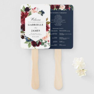 Modern burgundy and navy blue flor wedding program hand fan