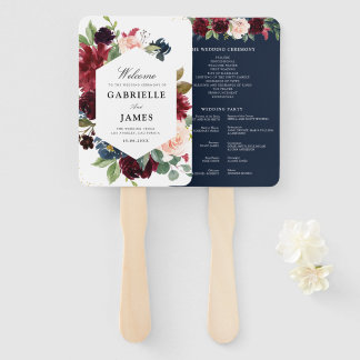 Modern burgundy and navy blue flor wedding program hand fan