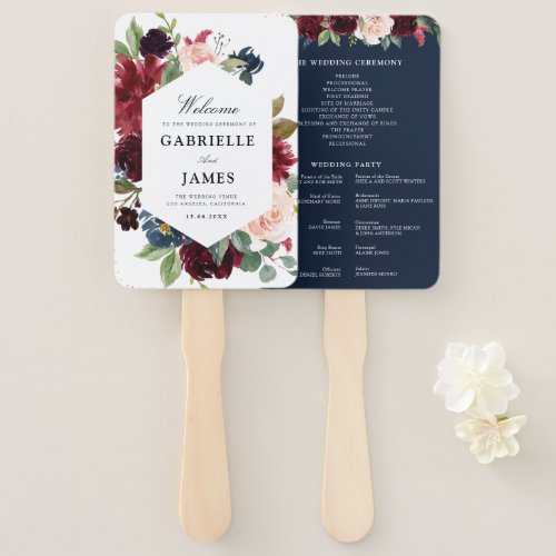 Modern burgundy and navy blue flor wedding program hand fan