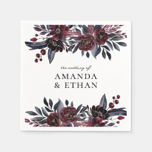 Modern Burgundy and Navy Floral Botanical Wedding Napkins