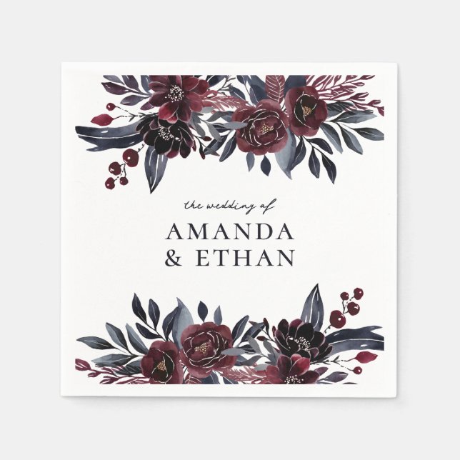 Modern Burgundy and Navy Floral Botanical Wedding Napkins (Front)