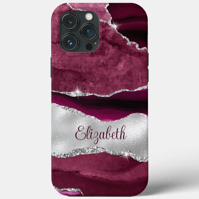 Modern Burgundy and Silver Agate Monogram Case-Mate iPhone Case (Back)