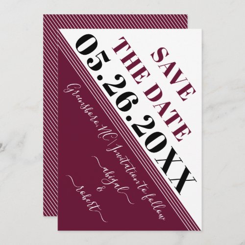 Modern burgundy and white diagonal stripes save the date