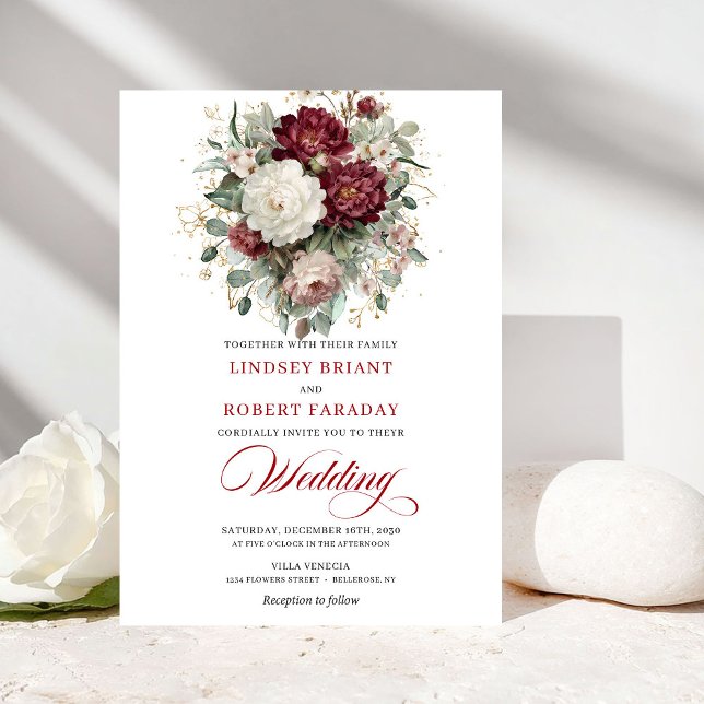 Modern Burgundy and White Flowers Wedding Invite (Modern Burgundy and White Flowers Wedding Invitation)