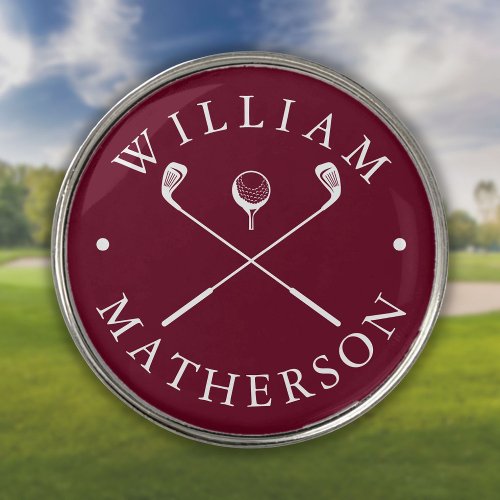 Modern Burgundy And White Golf Clubs Custom Name Golf Ball Marker