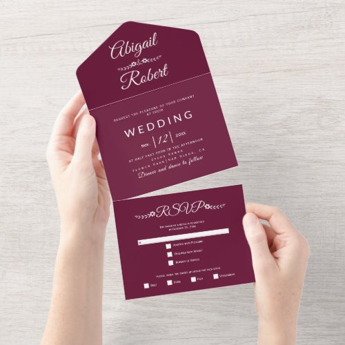 Modern burgundy and white typography wedding  all in one invitation