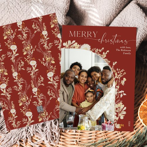 Modern Burgundy Arch Photo Merry Christmas Card 