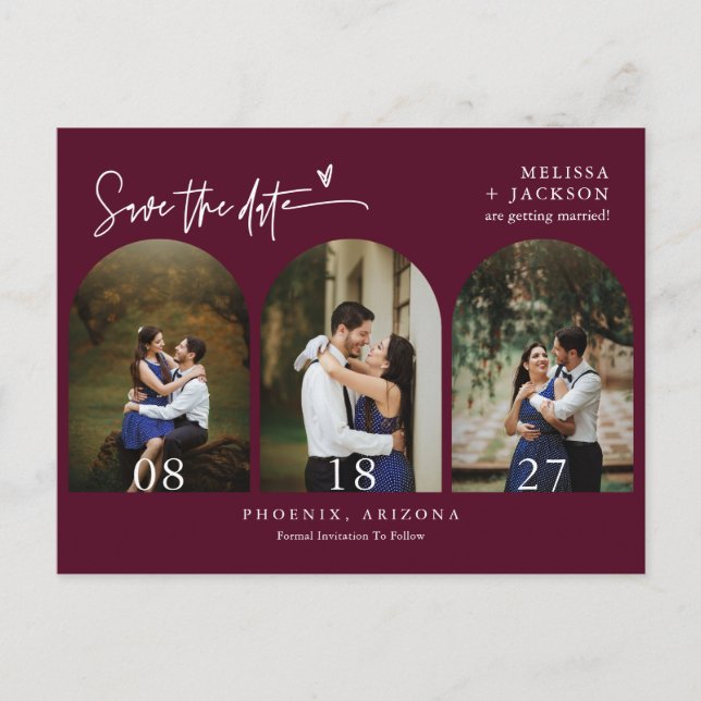 Modern Burgundy Arch Photo QR Code Save the Date Postcard (Front)