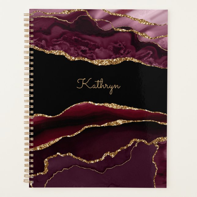Modern Burgundy Black & Gold Agate Personalize Planner (Front)