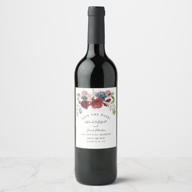 Modern Burgundy Bloom Rustic Floral Save The Date Wine Label (Front)
