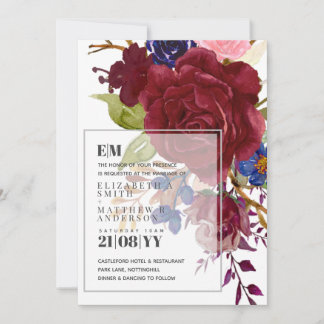 Modern Burgundy Blue Roses Floral Overlay Wedding
