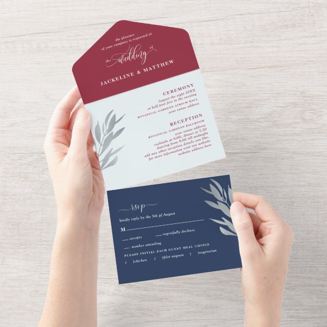 Modern Burgundy, Blue Wedding with Perforated RSVP All In One Invitation (Tearaway)