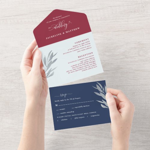 Modern Burgundy Blue Wedding with Perforated RSVP All In One Invitation