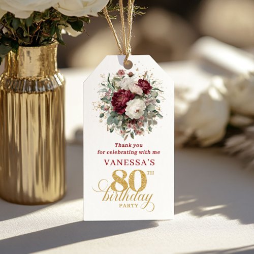 Modern Burgundy Blush Floral 80th Birthday Favor   Gift Tags