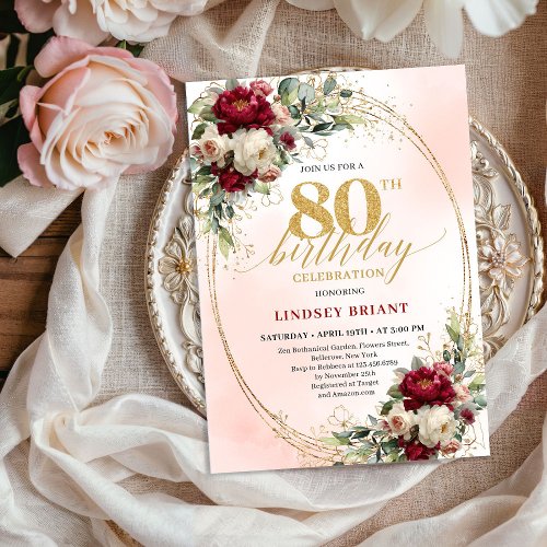 Modern Burgundy Blush Floral 80th Birthday Invite