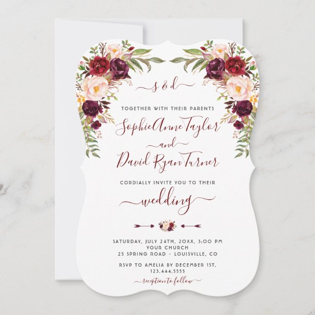 Modern Burgundy Blush Floral Calligraphy Wedding Invitation (Front)