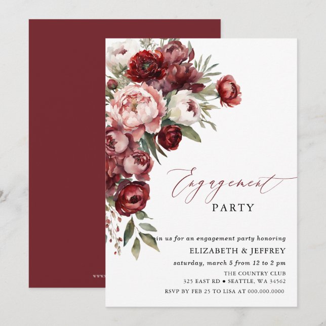 Modern Burgundy Blush Floral Engagement Party Invitation (Front/Back)