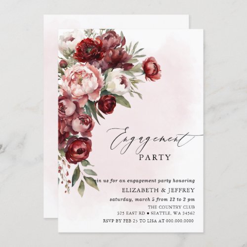 Modern Burgundy Blush Floral Engagement Party Invitation