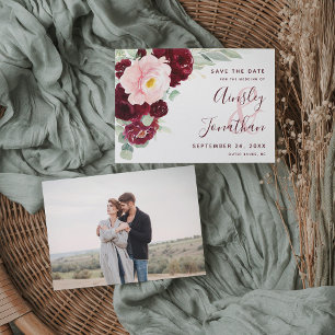 Modern Burgundy Blush Floral Greenery Photo Save The Date