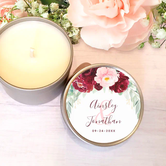 Modern Burgundy Blush Floral Greenery Wedding Classic Round Sticker ...