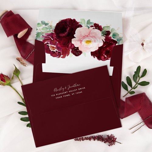Modern Burgundy Blush Floral Greenery Wedding Envelope
