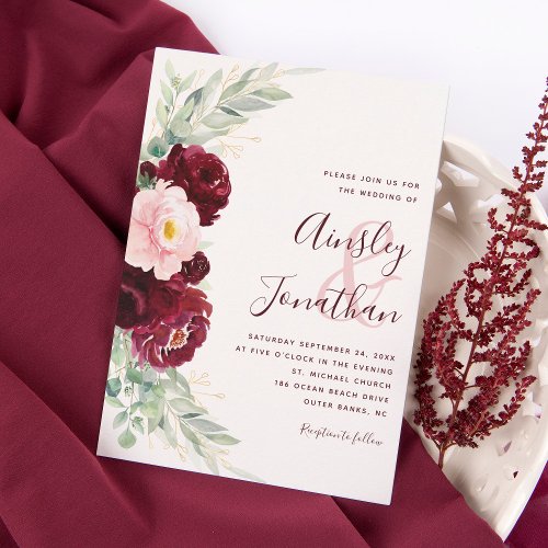 Modern Burgundy Blush Floral Greenery Wedding Invitation