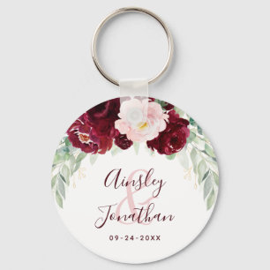Modern Burgundy Blush Floral Greenery Wedding  Keychain