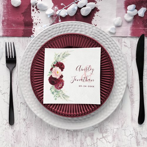 Modern Burgundy Blush Floral Greenery Wedding Napkins