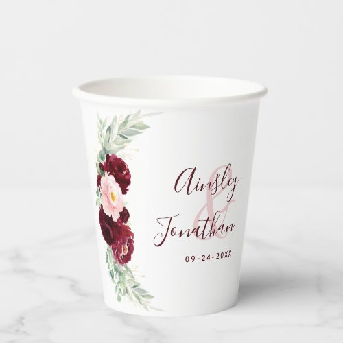 Modern Burgundy Blush Floral Greenery Wedding Paper Cups