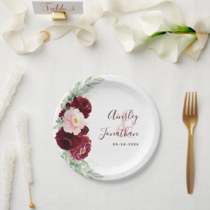 Modern Burgundy Blush Floral Greenery Wedding Paper Plates