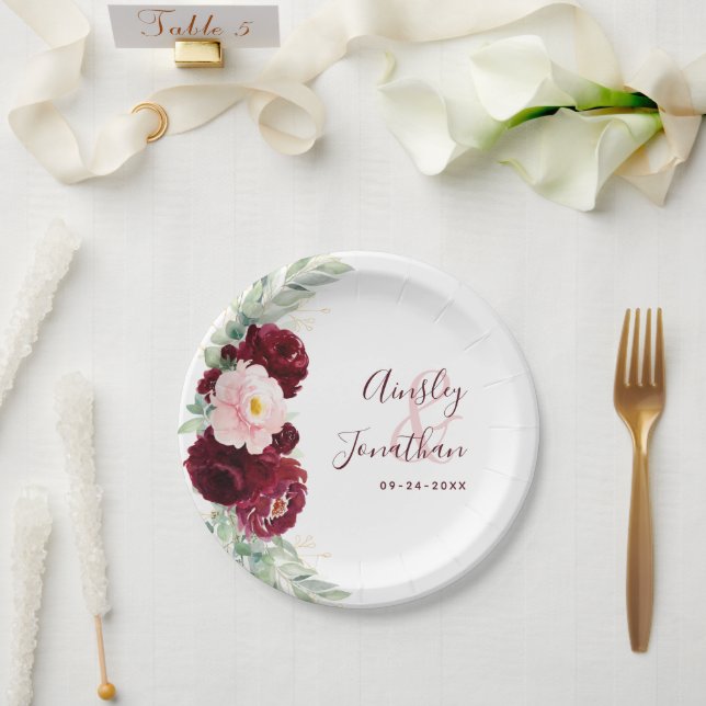 Modern Burgundy Blush Floral Greenery Wedding Paper Plates (Wedding)