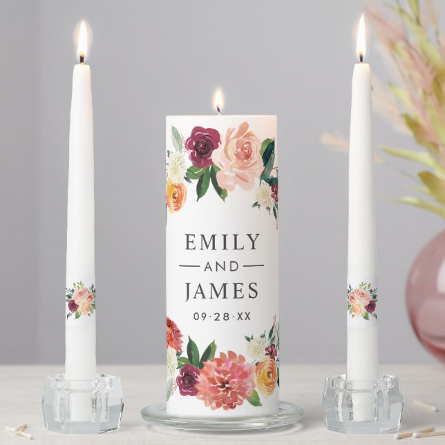 Modern Burgundy Blush Floral Monogram Unity Candle Set (In Situ)