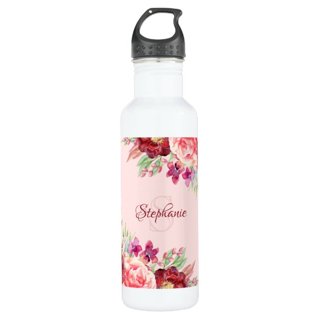 Modern Burgundy Blush Floral Name Stainless Steel Water Bottle (Front)